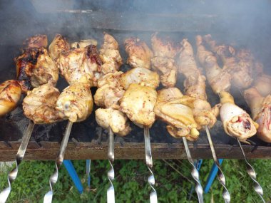 Tavuk ızgarada. Kızarmış tavuk yanıyor. Şiş üstünde et. Tavuk kebabı. ateşte et pişirmek. Ev mangalı. Izgara yemek..