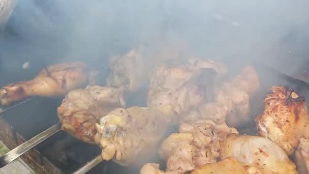 Kurczak Grillu Pieczony Kurczak Ogniu Mięso Szaszłykach Kebab Kurczaka Gotowanie — Wideo stockowe