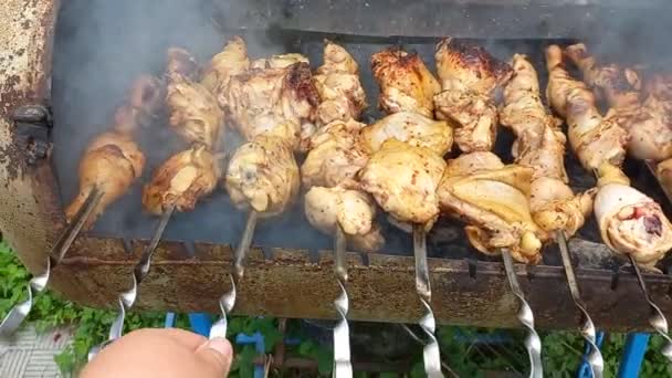 Kyckling Grillen Stekt Kyckling Brinner Kött Spett Kycklingkebab Matlagning Kött — Stockvideo