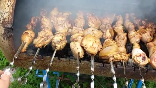 Kyckling Grillen Stekt Kyckling Brinner Kött Spett Kycklingkebab Matlagning Kött — Stockvideo