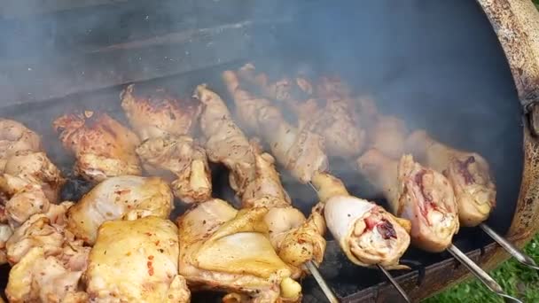 Kyckling Grillen Stekt Kyckling Brinner Kött Spett Kycklingkebab Matlagning Kött — Stockvideo