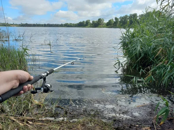 Pescar Pescador Con Caña Pescar Pescar Orilla Lago Caña Pescar —  Fotos de Stock