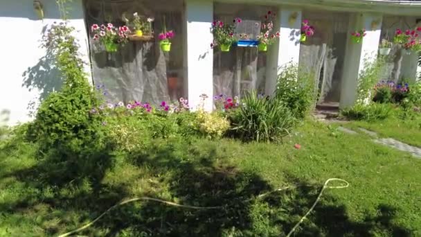 Avlu Köy Evi Bahçesi Çimler Çiçekler Rahatlamak Için Avlu Yaz — Stok video