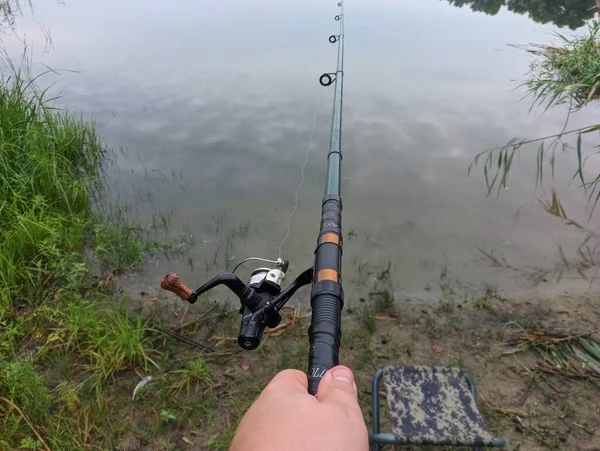 Man Fishing River First Person Fishing Fisherman Rod Spinning Reel — Stok fotoğraf