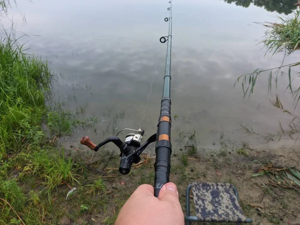 Man Fishing River First Person Fishing Fisherman Rod Spinning Reel — Foto de Stock