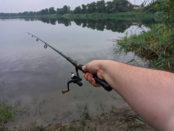 Man Fishing River First Person Fishing Fisherman Rod Spinning Reel — Stockfoto