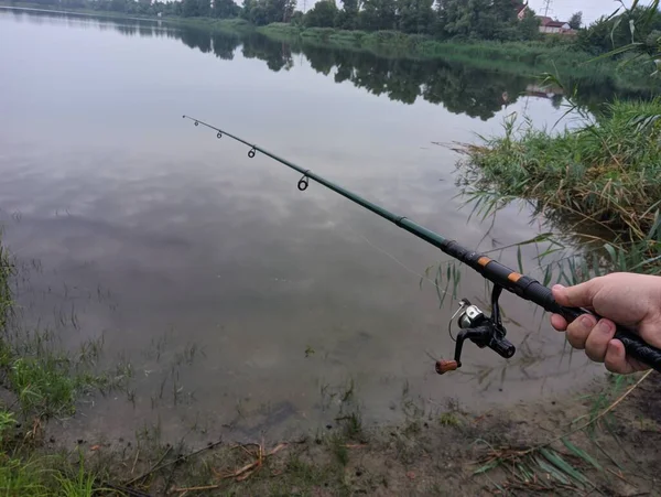 Man Fishing River First Person Fishing Fisherman Rod Spinning Reel — Photo