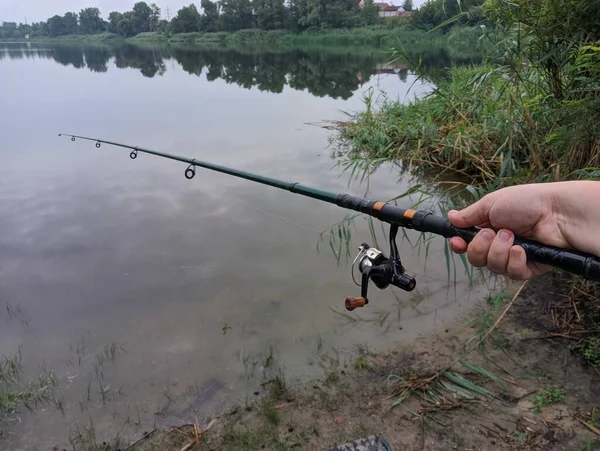 Man Fishing River First Person Fishing Fisherman Rod Spinning Reel — Photo