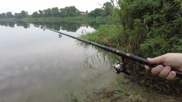 Man Fishing River First Person Fishing Fisherman Rod Spinning Reel — Vídeo de Stock