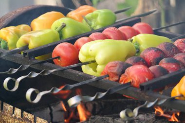 fried vegetables on fire. tomatoes and sweet peppers on fire. vegan menu. vegetables and barbecue. Vegetable barbecue on skewers frying on a grill brazier. close up