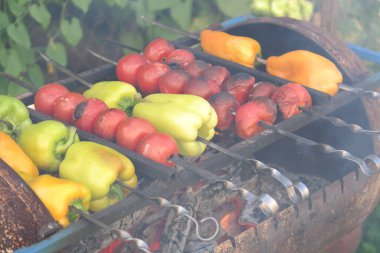 fried vegetables on fire. tomatoes and sweet peppers on fire. vegan menu. vegetables and barbecue. Vegetable barbecue on skewers frying on a grill brazier. close up