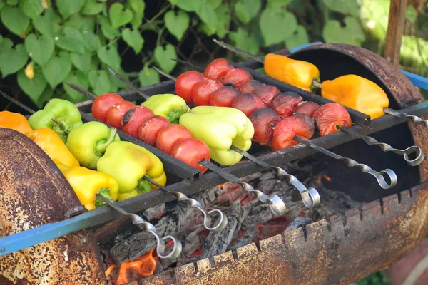 Fried Vegetables Fire Tomatoes Sweet Peppers Fire Vegan Menu Vegetables — Stock Fotó