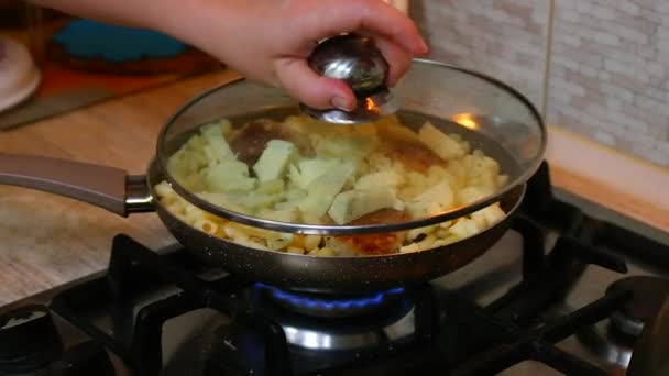 Pâtes Dans Une Casserole Les Pâtes Fusilli Sont Bouillies Dans — Video