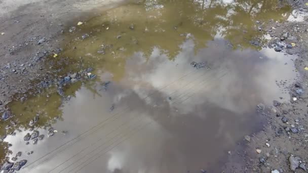 Gökyüzü Bir Birikintisine Yansıyor Yoldaki Büyük Birikintisi Yağmur Damlaları Bir — Stok video