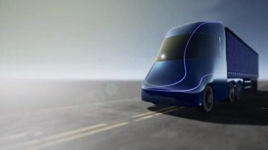 Otoyolda kendi kendine giden bir kamyonet. 3 boyutlu canlandırma yapılıyor. EV kamyonu. EV Semi pisti. EV Lorry. 4K