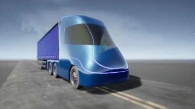 Otoyolda kendi kendine giden bir kamyonet. 3 boyutlu canlandırma yapılıyor. EV kamyonu. EV Semi pisti. EV Lorry. 4K