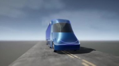 Otoyolda kendi kendine giden bir kamyonet. 3 boyutlu canlandırma yapılıyor. EV kamyonu. EV Semi pisti. EV Lorry. 4K