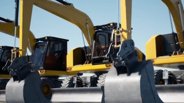 En ändlös rad gula grävmaskiner. Maskinparken redo för tungt arbete. Loopar animation. 4K Ultra HD — Stockvideo