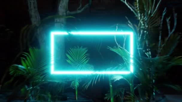 Неоновая светящаяся прямоугольная рамка появляется в лесу в ветреную ночь, освещает пальмы. 3D анимация рендеринга с пространством для пользовательского размещения текста. 4K Ultra HD — стоковое видео