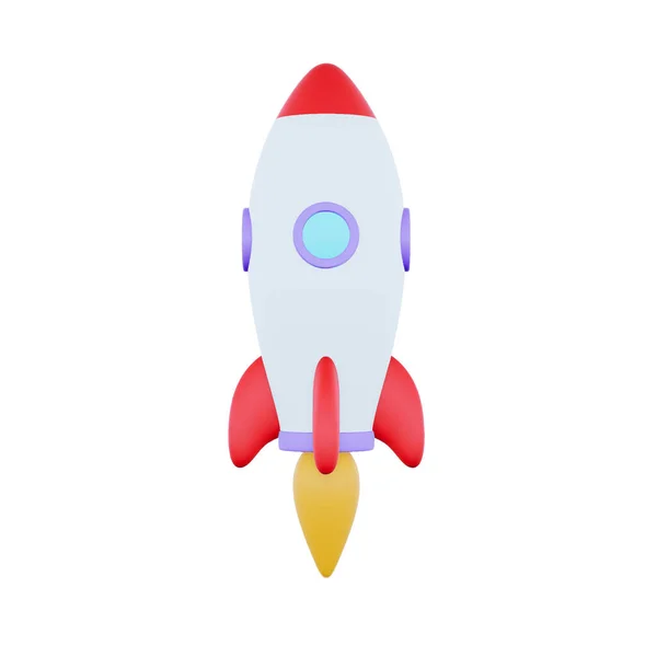 3d cartoon style minimal spaceship rocket icon. Toy rocket upswing ,spewing smoke. Startup, space, business concept. 3d Rendering — Stock Photo, Image