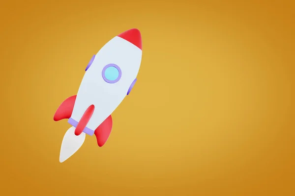 3d cartoon style minimal spaceship rocket icon. Toy rocket upswing ,spewing smoke. Startup, space, business concept. 3d Rendering — Stock Photo, Image