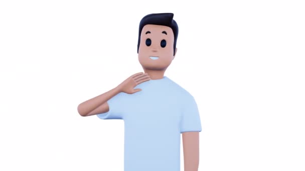 Pozdrav Waving Gesture Cartoon postava muž na bílém pozadí. 3D vykreslení — Stock video