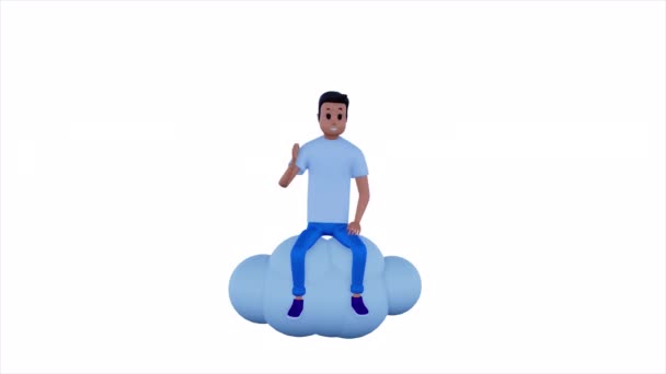 Thumbsup Gesto Caricatura personaje hombre sentado en la nube de dibujos animados sobre fondo blanco. 3d renderizar — Vídeo de stock