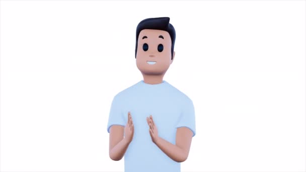 Hombre feliz personaje de dibujos animados en camiseta blanca aplaude aislado sobre fondo blanco. 3d renderizar — Vídeos de Stock