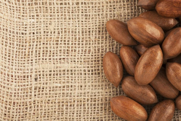 Pekanové ořechy a pytlovina — Stock fotografie