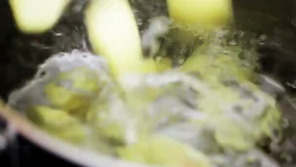 Peeled Cut Potatoes Being Poured Pot Water Close — Stock Video