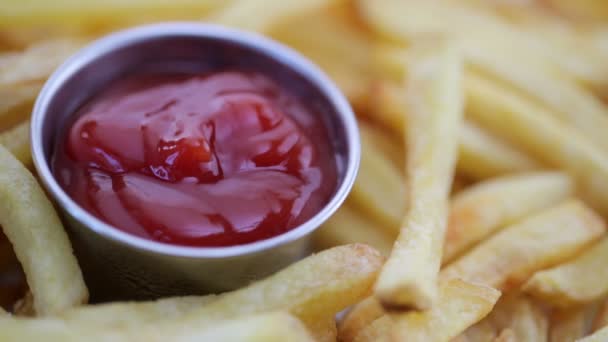Dipping French Fry Cup Ketchup Close — Stock Video