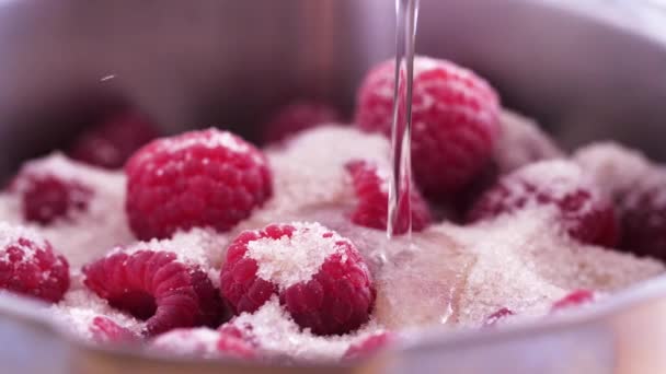 Making Raspberry Sauce Pouring Water Sauce Pan Fresh Raspberries Sugar — 图库视频影像