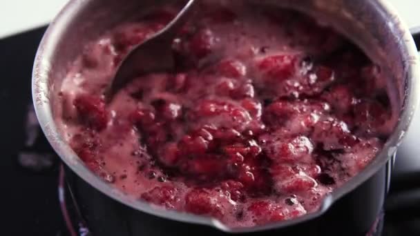 Rasberries Sauce Pan Boiling Being Stirred — Stockvideo