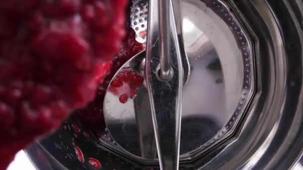 Pouring Raspberry Sauce Food Mill Remove Seeds — Stock Video