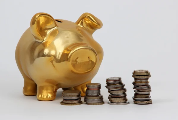 Piggy bank en stapels munten — Stockfoto