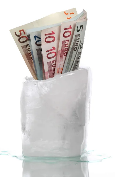 Ice with frozen european banknotes — Stockfoto