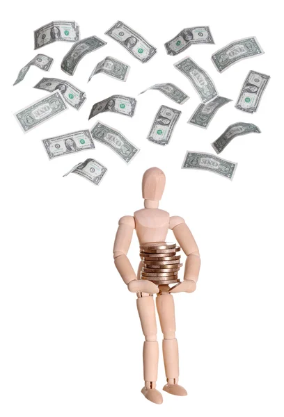 Дерев'яна лялька з монетами і доларами — стокове фото