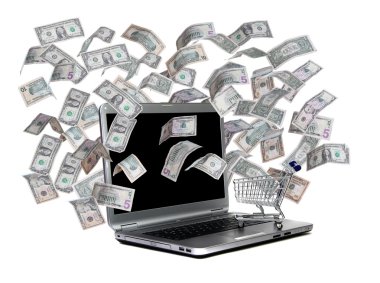 alışveriş sepeti ve dolar uçan ile dizüstü bilgisayar