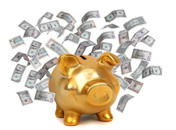 Golden piggybank and dollars — Stock Photo, Image