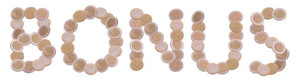 Bonus - written with coins on white background — Stock Photo, Image