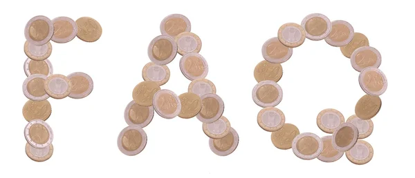 FAQ - escrito com moedas em fundo branco — Fotografia de Stock