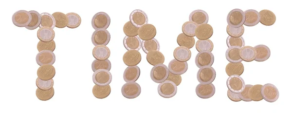 Time - written with coins on white background — Stock Photo, Image