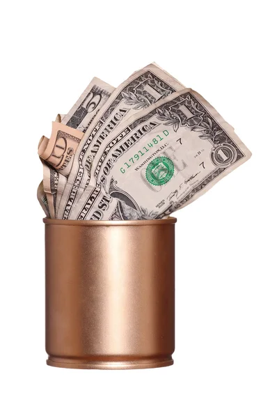 Golden can with bank notes — Stock Photo, Image