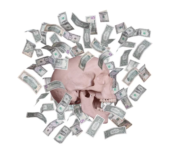 Кричущий череп під дощем доларів — стокове фото