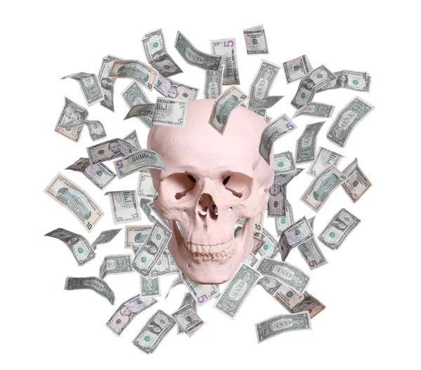 Skull in rain of dollars isolated on white — Stock Photo, Image
