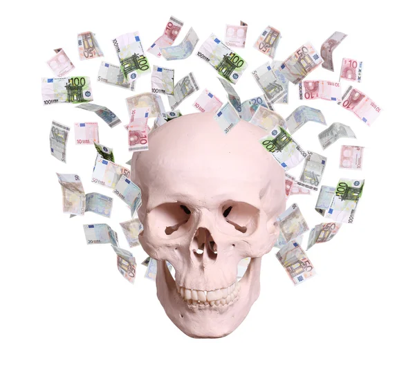 Skull in rain of euros — Stock Photo, Image