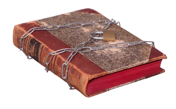 Stará kniha chráněna pomocí řetězce a visací zámek — Stock fotografie