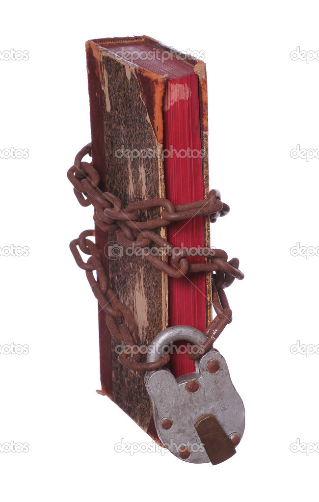 old book with rusty chain and padlock