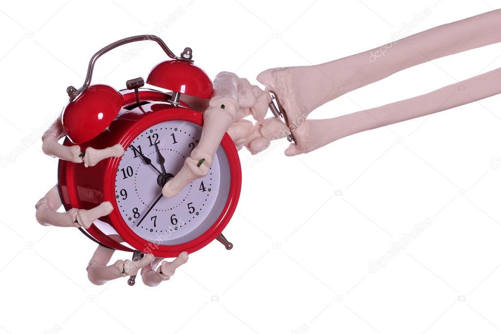 skeleton hand holding red alarm bell
