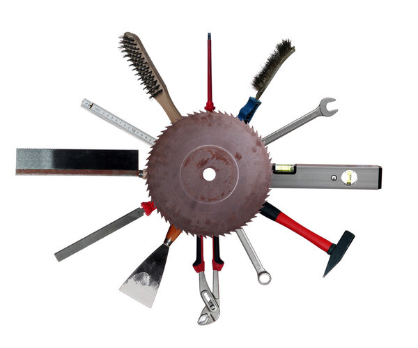 concept of tools behind rusty saw